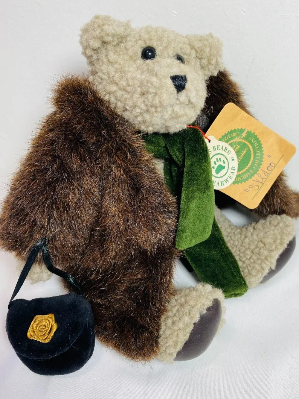 VNTG Boyd's Bear Aunt Bessie Skidoo Curly Fur Faux Fur Coat Velvet Scarf & Purse